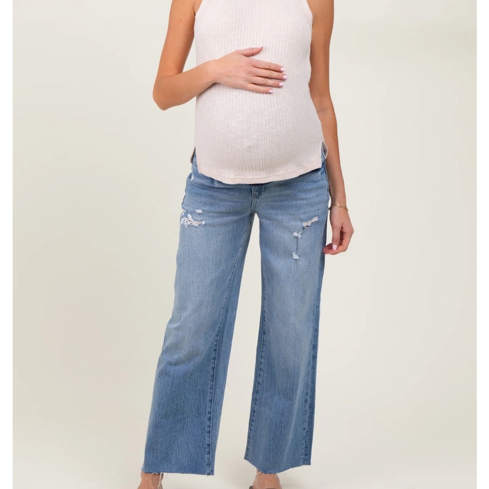 Pinkblush Light Blue Maternity Cropped Distressed Flare Jeans Size 25